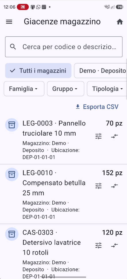 Elenco giacenze di magazzino in WMS-Android con codice articolo, quantita e ubicazione
