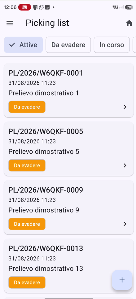 Liste di prelievo in WMS-Android con stato da evadere e numerazione per dispositivo