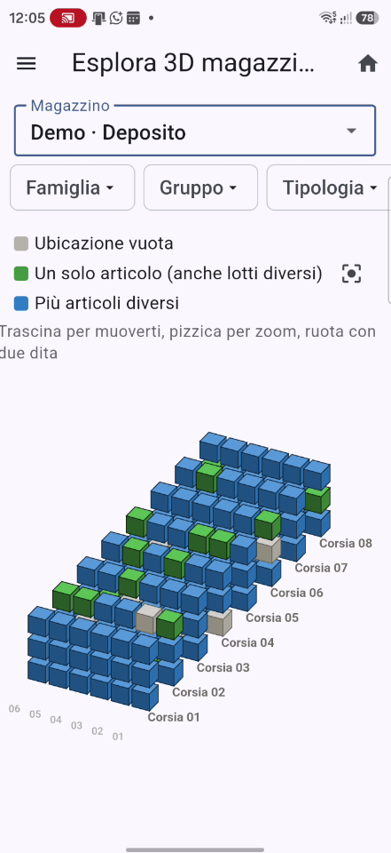 Vista tridimensionale delle ubicazioni di magazzino in WMS-Android, colorate per contenuto