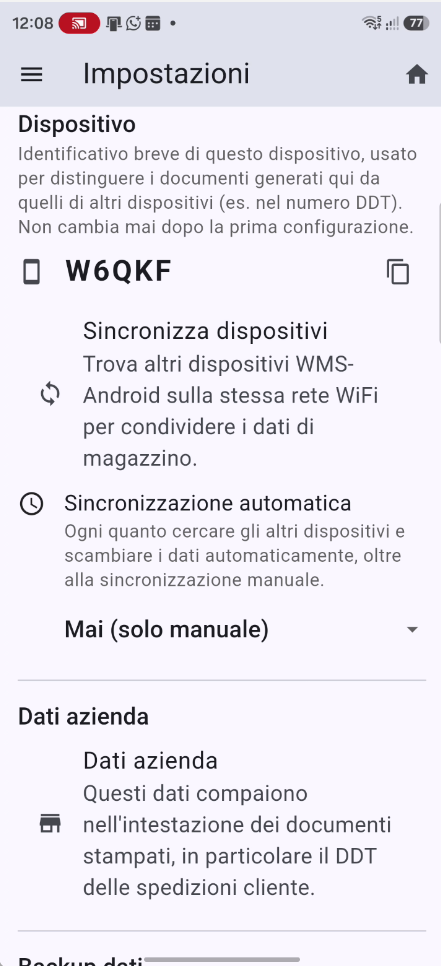Impostazioni di sincronizzazione tra dispositivi sulla stessa rete Wi-Fi locale in WMS-Android